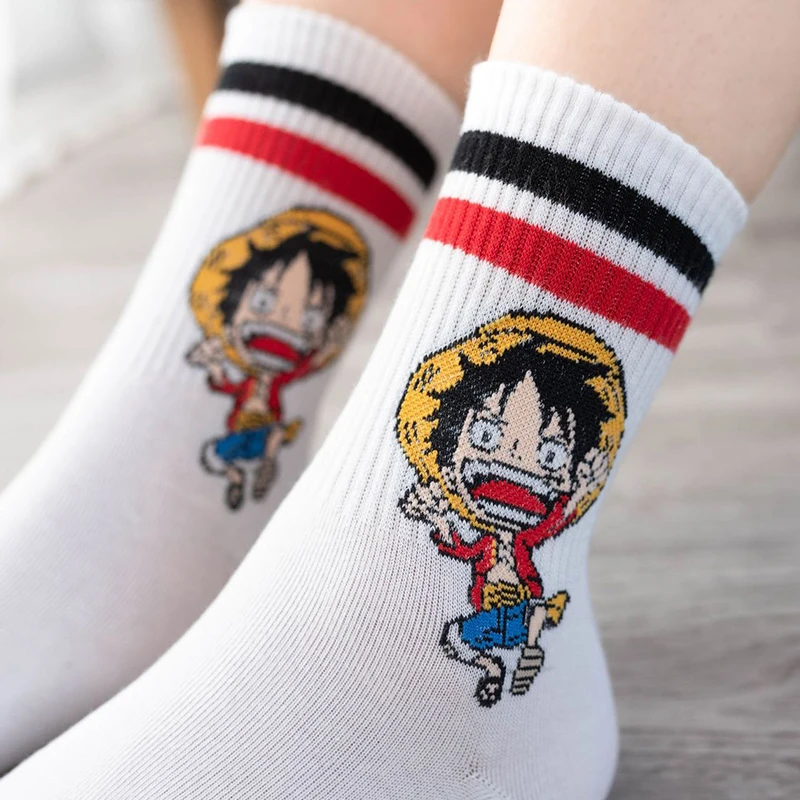 Unisex Anime impresso malha meias de algodão, One Piece Mid Tube meias Luffy, helicóptero, branco, esportes, respirável, estudante, casal presentes