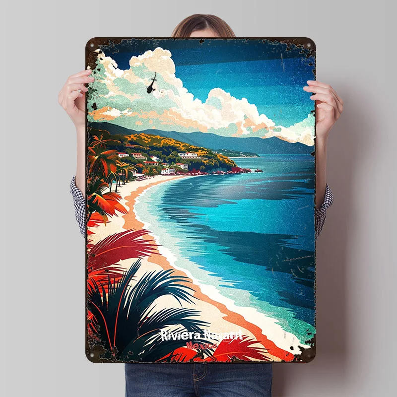 Póster con Impresión de Escena de Playa de la Riviera Nayarit, Arte de Pared Retro Personalizado, Letreros Metálicos Vintage para Decoración de Pared, Accesorios para Cafetería