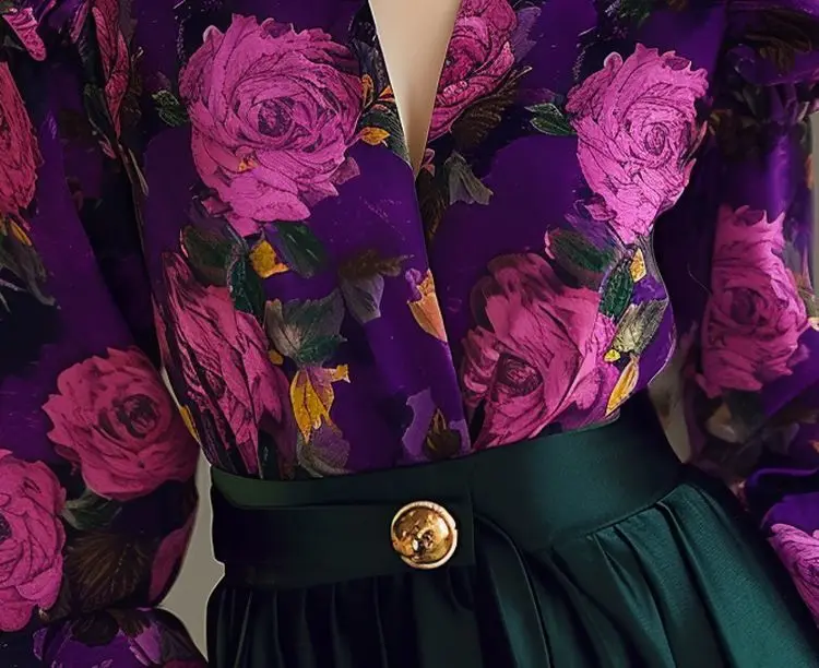 Vintage Hong Kong Winds Purple Floral Shirt Women Spring Light Luxury Unique Fashion Lapel Collar Puff Sleeve Long Sleeved Shirt