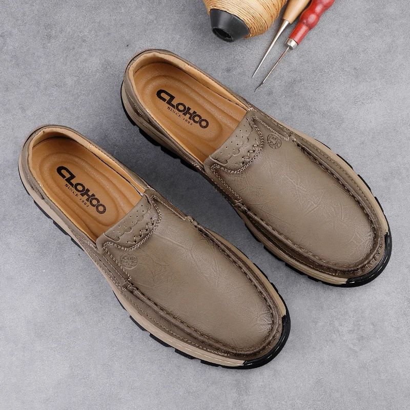 CLOHOO handmade shoes rubber sole thick bottom breathable casual leather shoes men\'s Loafers classic hand-stitched men\'s shoes