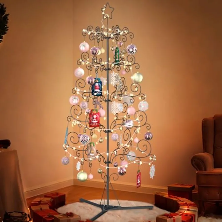 

Metal Christmas Tree - 6.2ft Wrought Iron Christmas Tree, Decorative Display Tree with 57 Balls and 32.8ft LED Lights for Home,