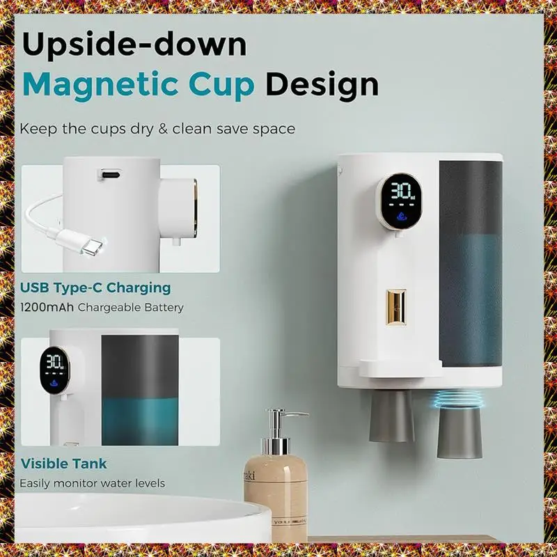 

BTCL Automatic Mouthwash Dispenser For Bathroom With 2 Cups 4 Levels And LED Screen Electric Smart Mouthwash Dispenser
