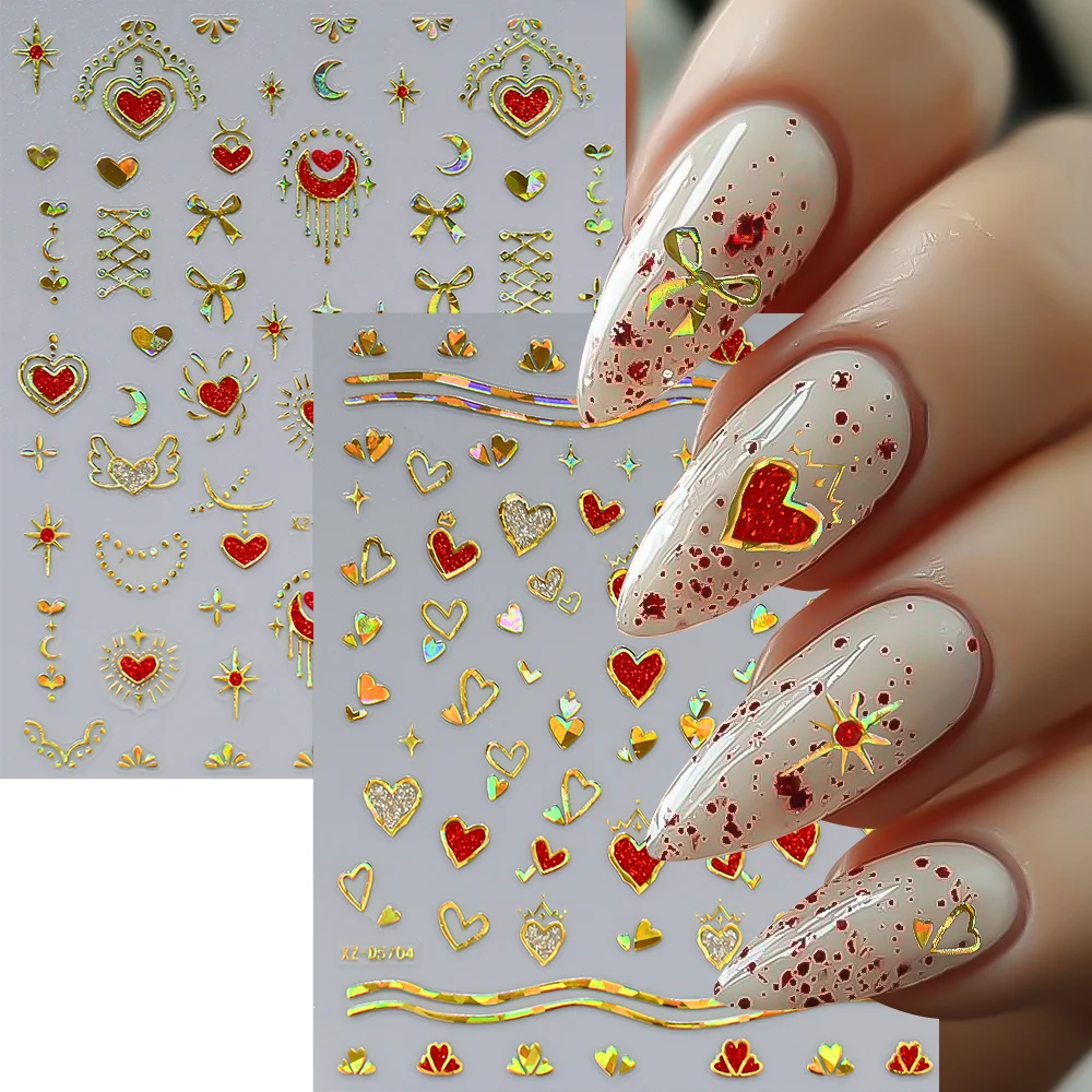 Autocollants pour ongles en forme de cœur doré, Laser 5D, rouge, paillettes, amour, breloques pour Nail Art, nœud papillon Y2K, curseur d'ongles, autocollants de manucure auto-adhésifs, 6 feuilles