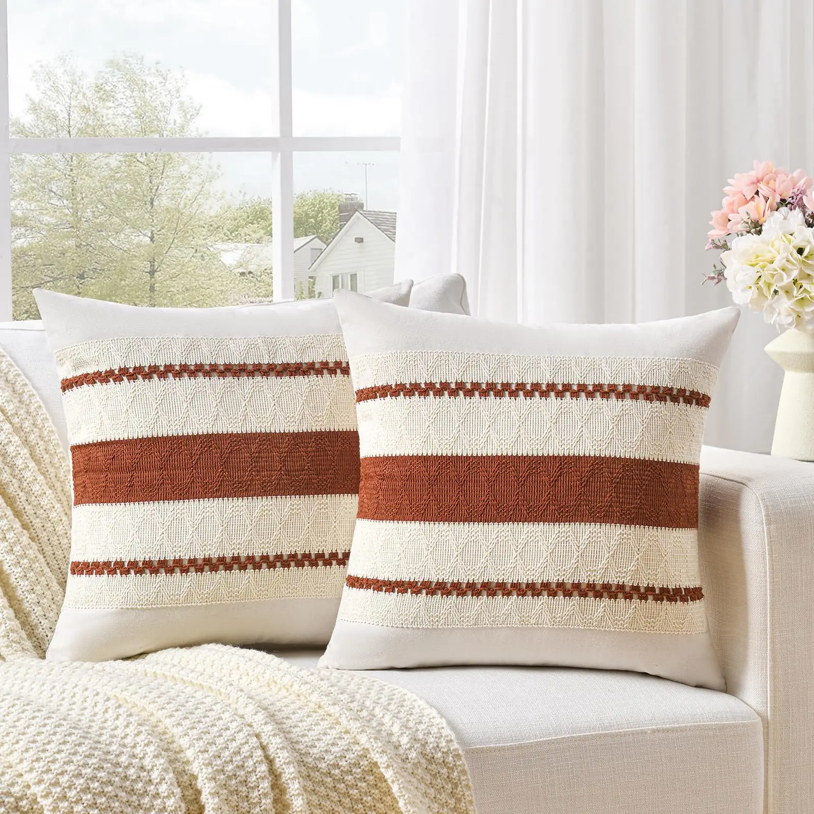 

Set of 2 Rust Boho Throw Pillow Covers for Couch Sofa, Aesthetic Modern Fall Room Decor, Soft Cotton Farmhouse Cushion Case