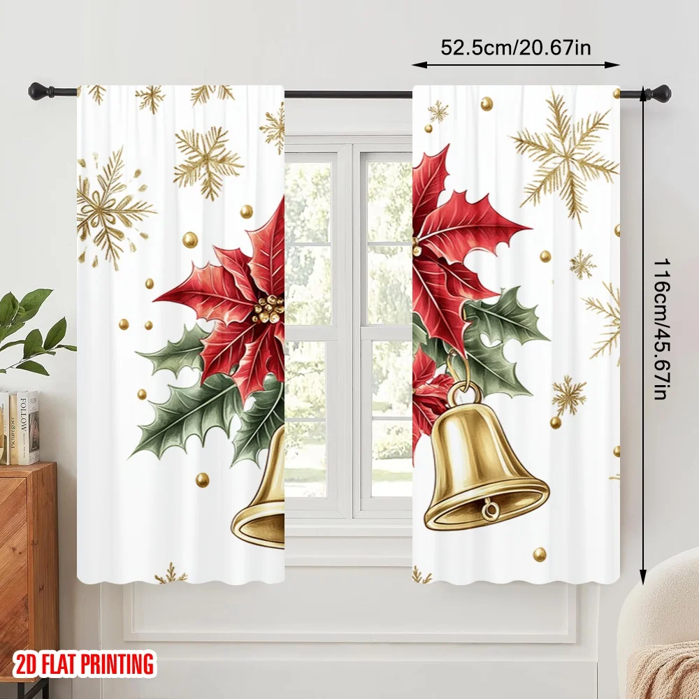 2pcs,2D plane printing Curtain Fabric Christmas Bells Holly Poinsettia Snowflakes (3) Polyester Fabric (without rod) Room Decor