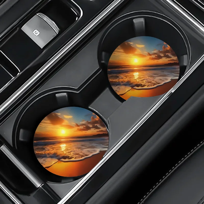 2pcs/set Beach Sunset Car Coasters For Cup Holders, Cozy Car Interiors, 2.75
