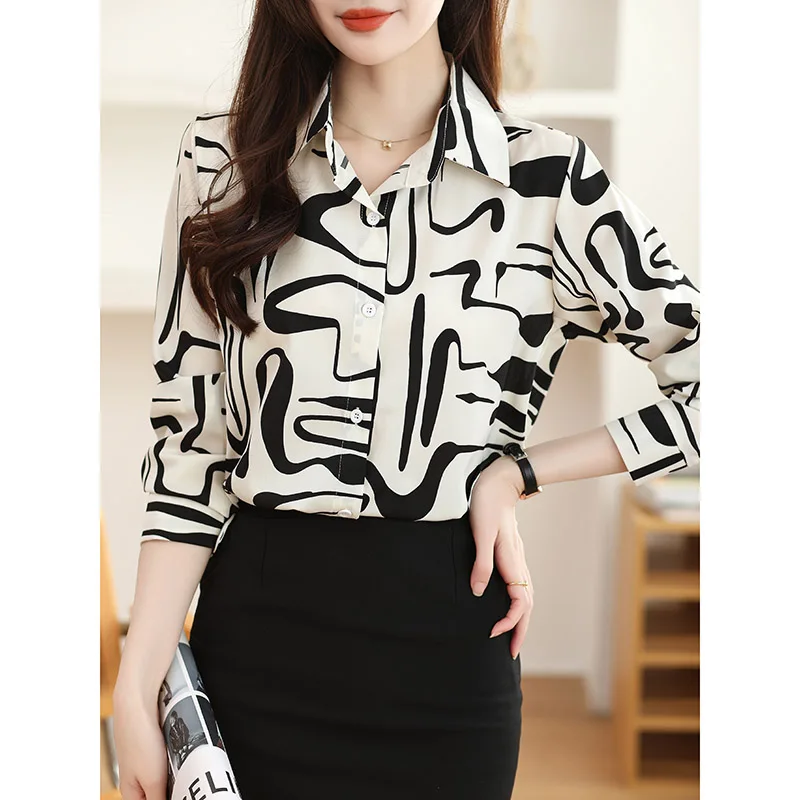 Women\'s Clothing French Fashion Print Chiffon Shirt Spring Autumn New Long Sleeve Turn-down Collar Button Blouses Chic Loose Top