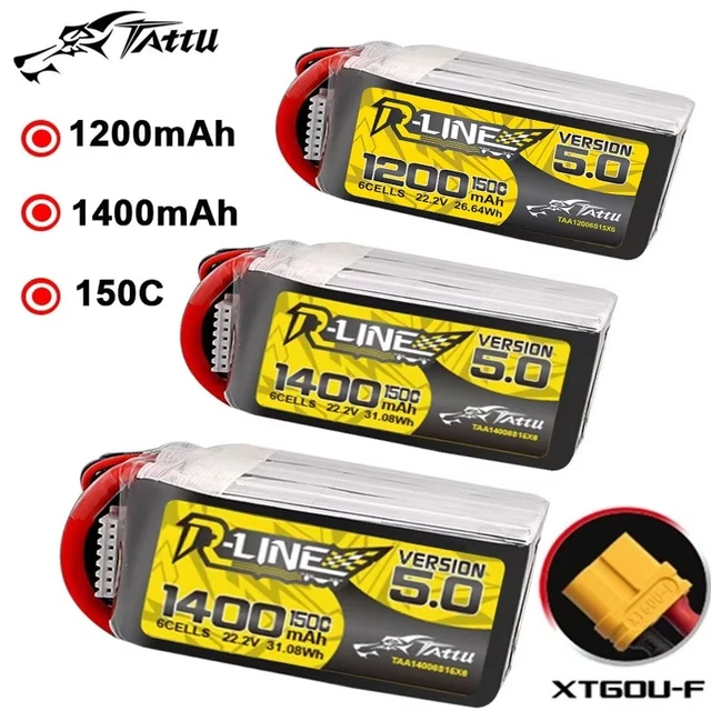 Akumulator LiPo TATTU R-LINE 5.0 22.2V 1200mAh 1400mAh 150C do helikopterów RC, quadrocopterów, dronów wyścigowych FPV, części zamienne, akumulator 6s