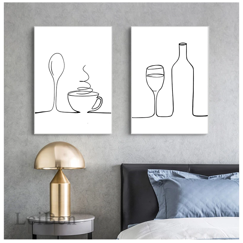 Modular Pictures Nordic Style Printed Poster Line Coffee Red Wine Knife And Fork Wall Art Canvas Painting For Kitchen Home Decor