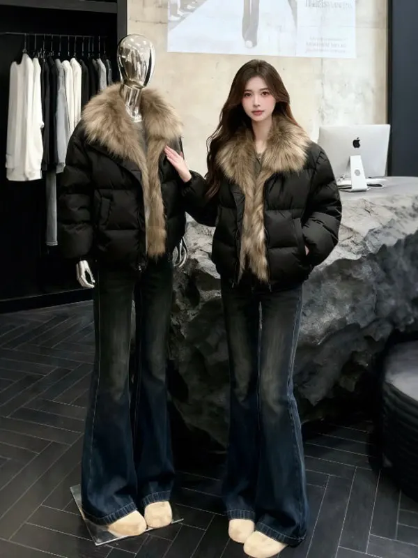 

Korean Sle Hepburn Faionable ort Bla Cotton Jaet with Fur Collar Thiened Winter Outerwear Ele Personali