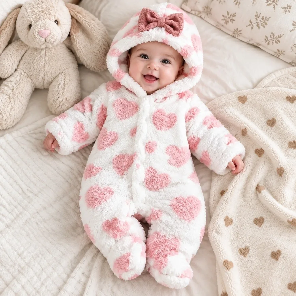 Cute Heart Print Hoodie Romper Warm Fabric Bow Design Newborn Costume Long Sleeve Infant Jumpsuit Daily Wear