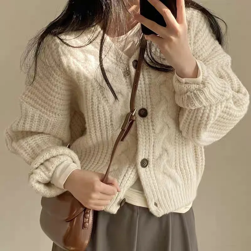 

New slouchy V-neck puff sleeve twist pattern loose knit cardigan jacket