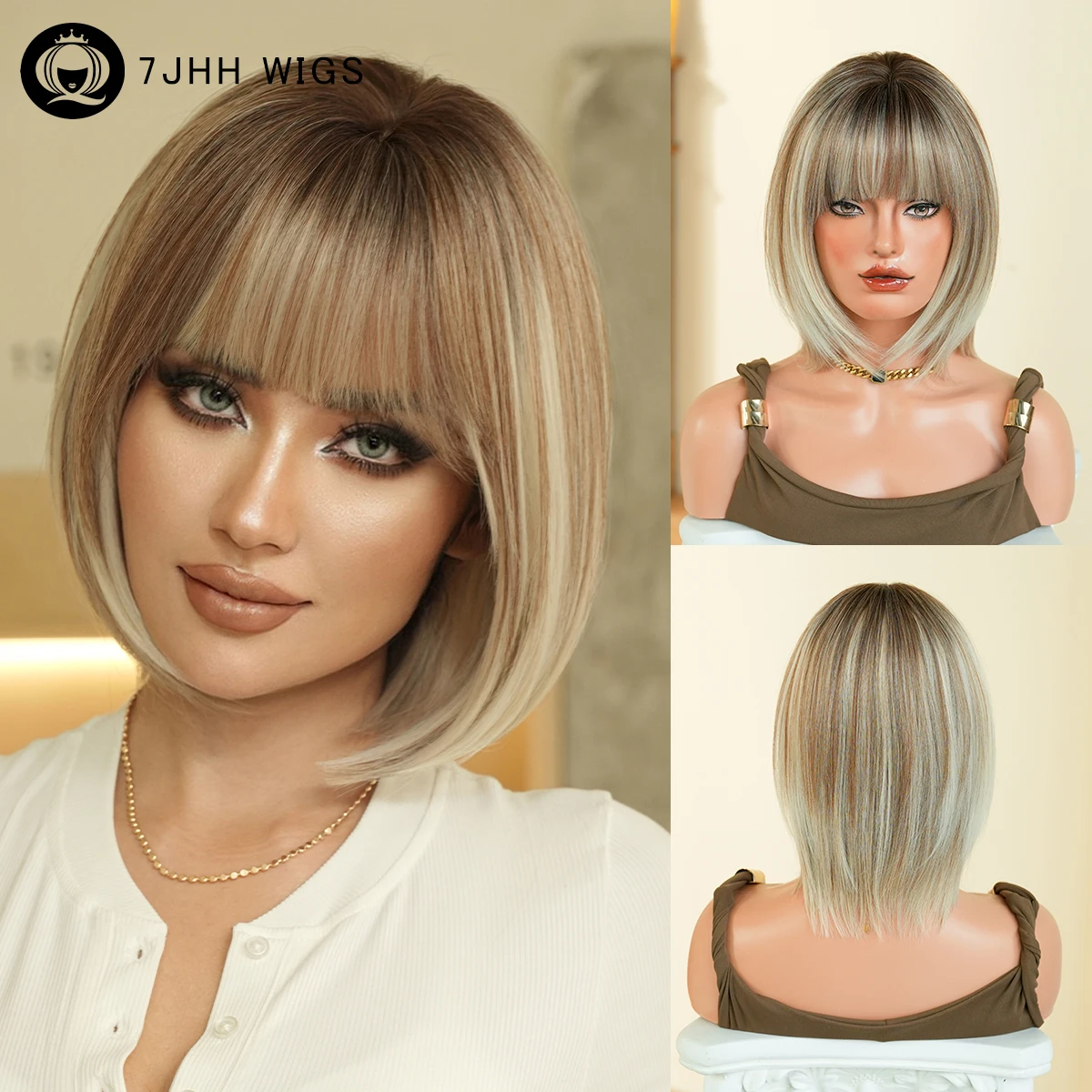 

7JHH WIGS Short Straight Ash Blonde Wig for Women Synthetic Modest Fashion Wear and Go Ombre Brown Bob Wigs with Dark Roots