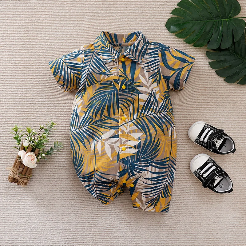 Newborn Baby Boy Summer Jumpsuit Costume Romper Onesie 100% Cotton Short Sleeve Leaves Print Clothes Round Neck Comfortable Cute