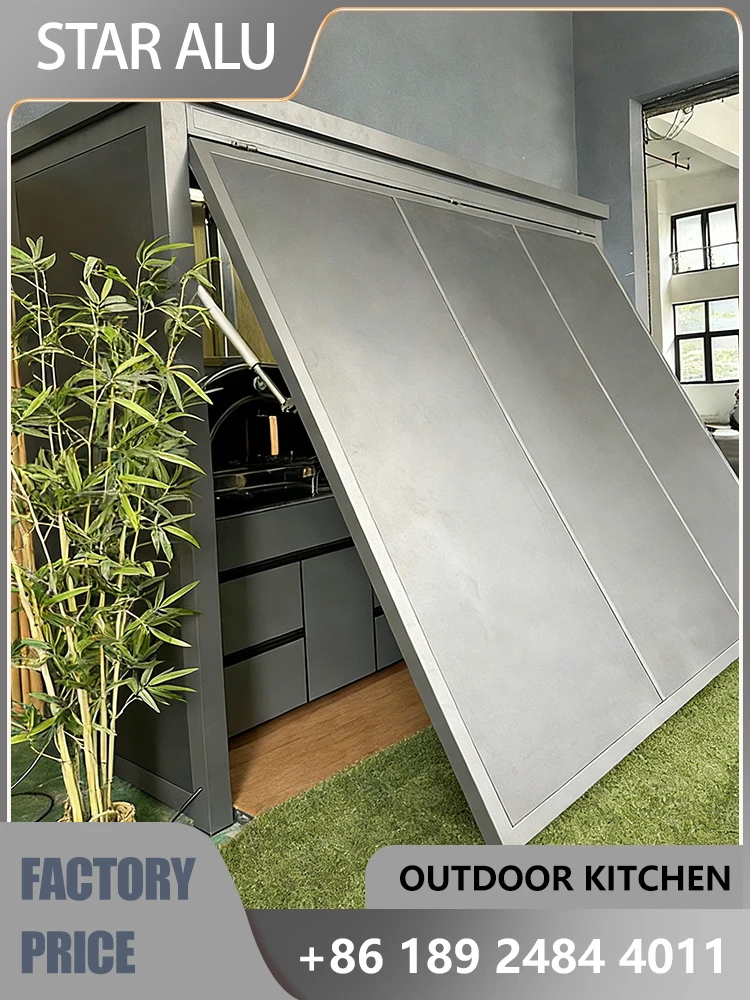 Outdoor kitchen for family patios with BBQ grill, remote control, no installation required.
