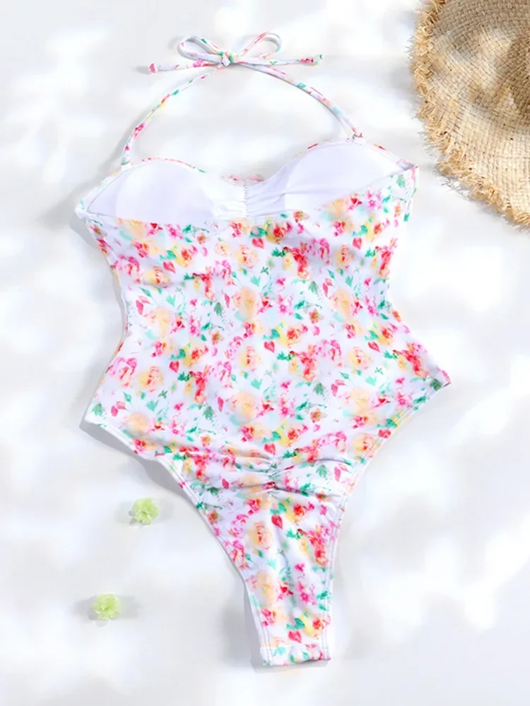 Maillots de bain femmes une pièce coupe haute body femme maillot de bain Sexy maillot de bain plissé tongs imprimé une pièce costume été