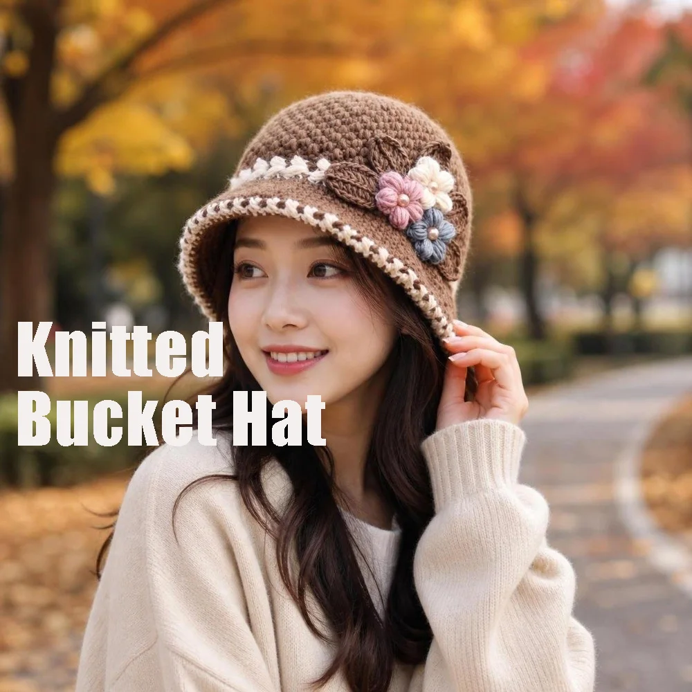 Knitted Bucket Hat Versatile Warm Plush Soft Yarn Cloche Hat Comfort Windproof Foldable Floral Crochet Hat Outdoor Autumn Winter