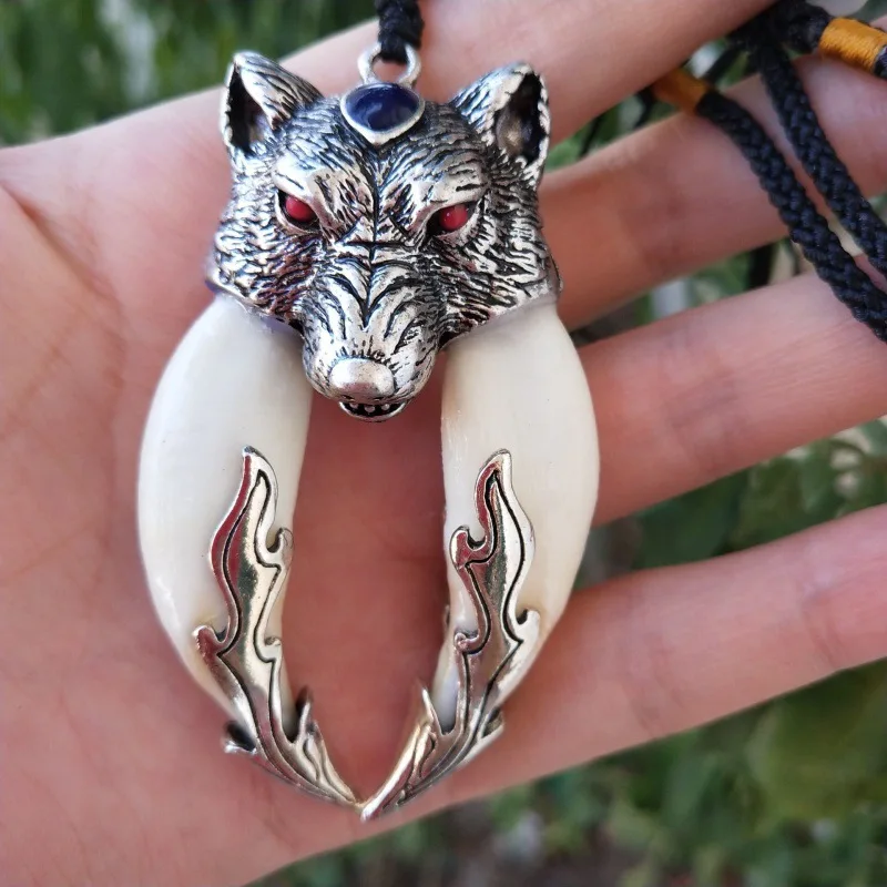 Mai Chuang/Hand Carved/Antique Tibetan Silver Inlaid Boar Tooth Wolf Tooth Necklace Pendant Fashion Jewelry MenWomen Couple Gift