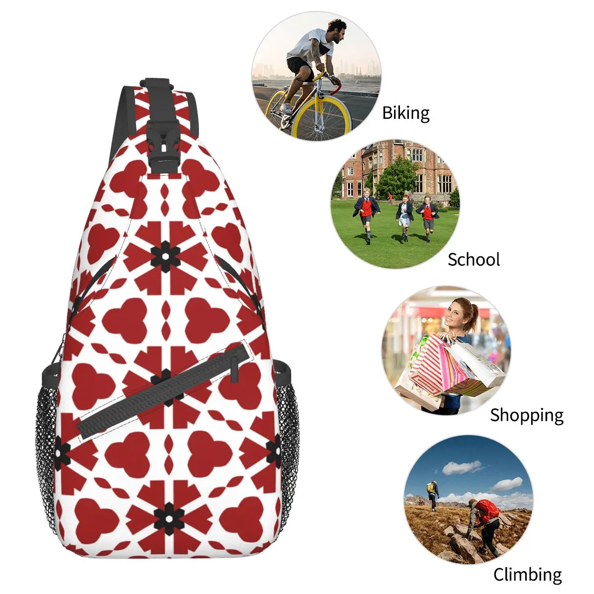 Rood Zwart Wit Geometrische Sling Tassen Borst Crossbody Schouder Sling Rugzak Wandelen Reizen Daypacks Mannen Vrouwen Pack