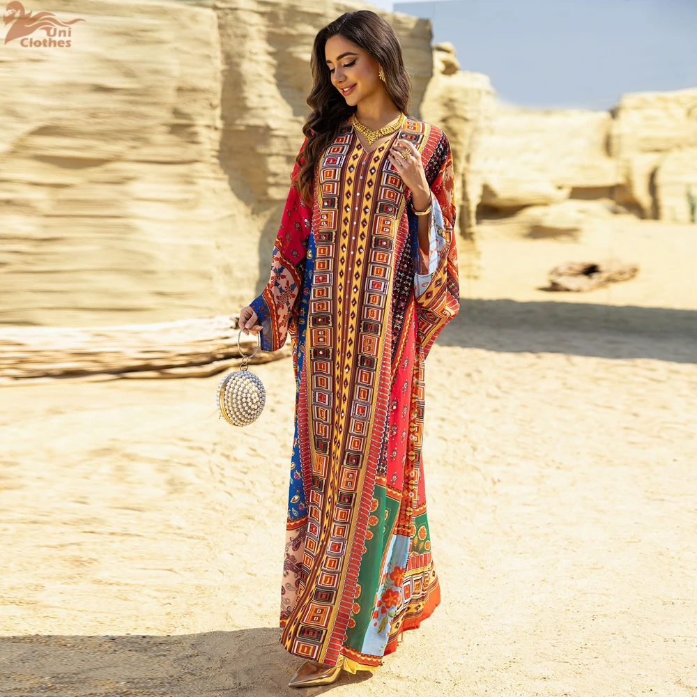 Uni New Dubai Blumendruck Lose Abaya Diamanten Stempelkleid Lange bescheidene Kleider Damen 2025