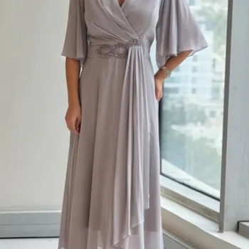 New Women's Elegant Dinner Prom Party Maxi Dresses Summer Fashion Solid V-neck Half-sleeve Pleated Slim A-line Dress for Women