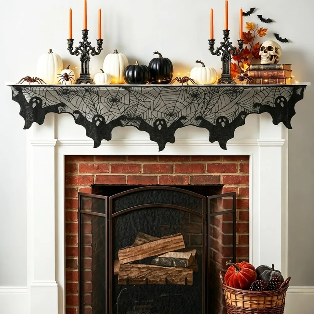 Black Lace Web Fireplace Mantle Scarf 200x50cm Polyester Halloween Decoration For Spooky Party For Haunted House Holiday