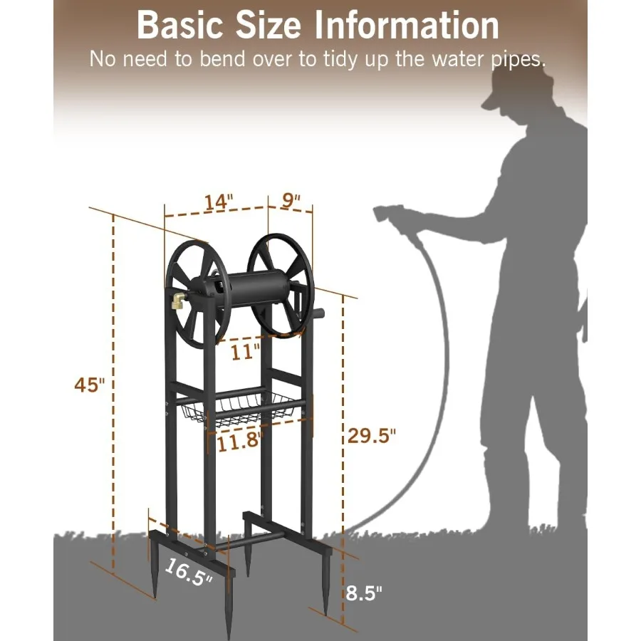 지상 설치형 정원 호스 릴, 5/8인치 호스 125피트 및 3.9피트 리더 브라스 피팅 포함, 물 호스 홀더 스탠드