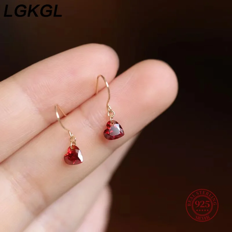 

Real 925 Sterling Silver 14k Gold Heart Red Crystal Hanging Earrings For Women Wedding Elegant Jewelry 2024 Trend Jewellery