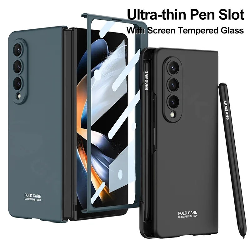 

Armor Plastic Pen Slot Case For Samsung Galaxy Z Fold 4 With Screen Glass Protection Matte Slim Cover For Galaxy Z Fold4 Case