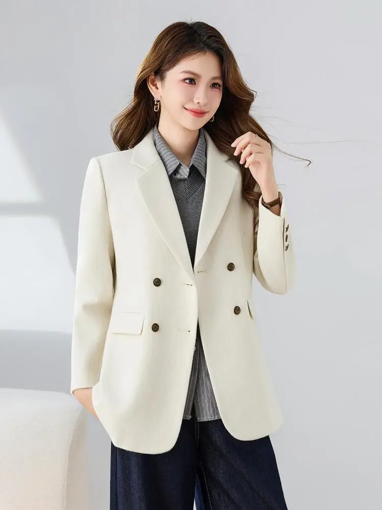 

Korean Fashion Retro Women Beige Elegant Long Sleeved Blazer Coat 2025 Autumn Winter Grey Double Breasted Festival Tops Popular