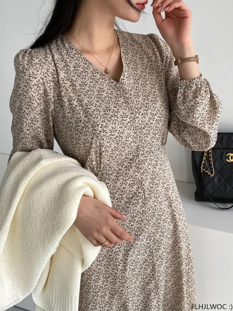 2023ขายร้อนผู้หญิง Vestidos แฟชั่นสำหรับผู้หญิงเกาหลีเก๋สไตล์ญี่ปุ่น V คอเดี่ยวปุ่ม Elegant Dress KAOS Panjang