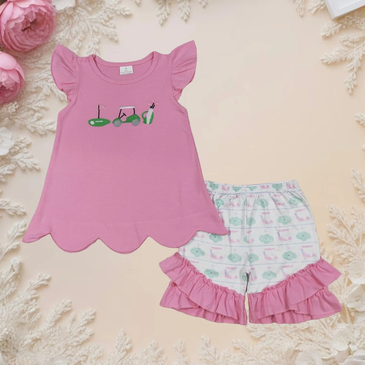 

Baby Girls Clothes Sets 2pcs Summer Kids Fly Sleeve Embroidery Golf Truck Tops T-shirt Ruffle Shorts Suits for Children Clothing