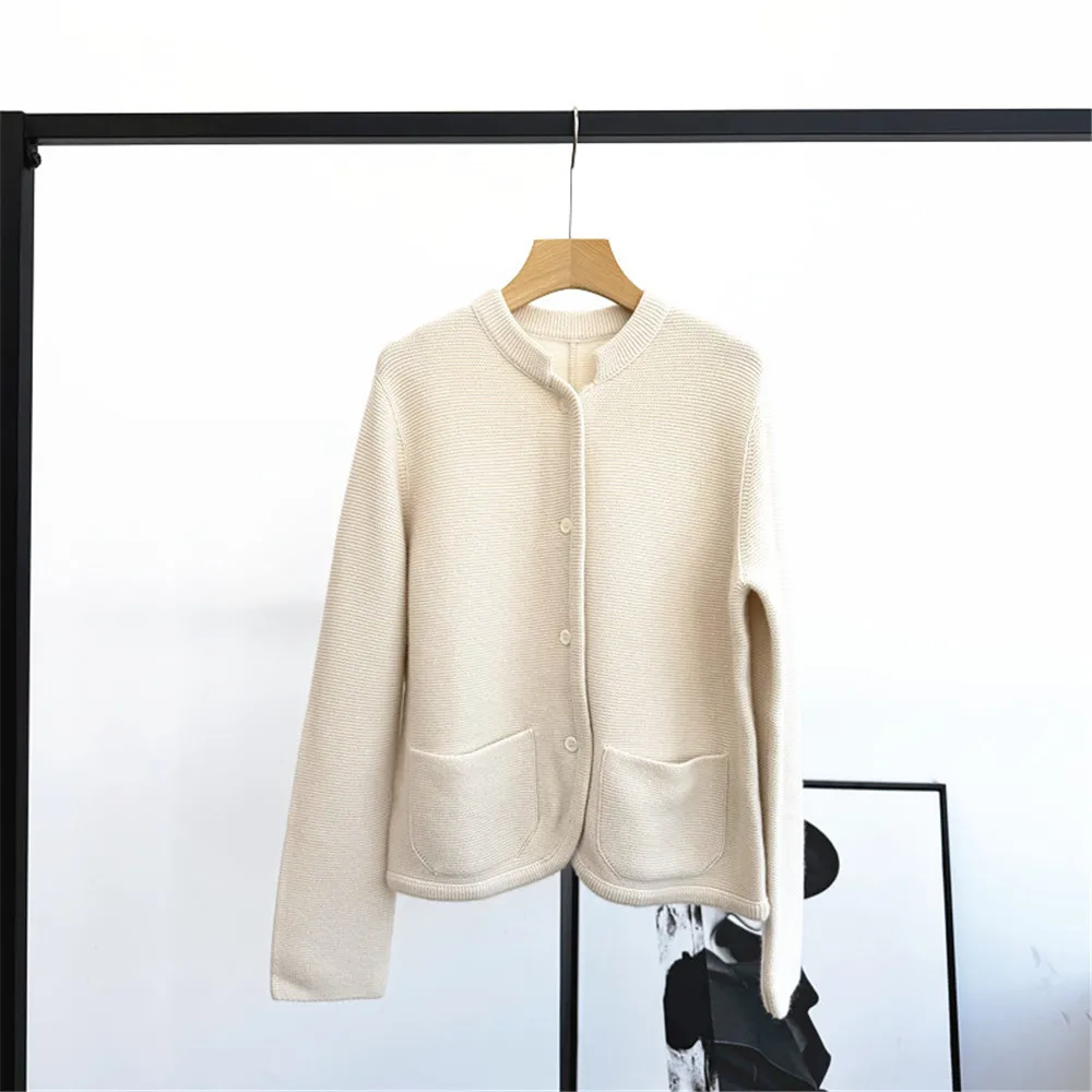 

25 Autumn/Winter New Women's Round Neck Single Breasted Long Sleeved Pocket Loose Cashmere Knitted Cardigan Jacket