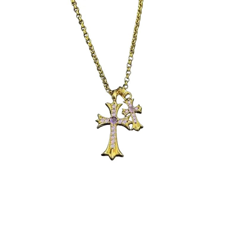 

Gold-Tone Double Cross Pendant Necklace with Pink-Purple Rhinestones – Gothic Y2K Statement Jewelry