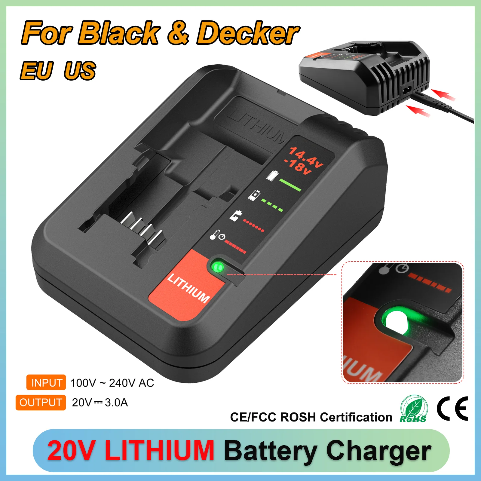 Cargador de Batería de Iones de Litio de 20 V para Black Decker, Cargador Rápido de 3 A para Batería Porter Cable de 14,4 V y 20 V, PCC682L, PCC685L, LBXR2020, LB2X4020