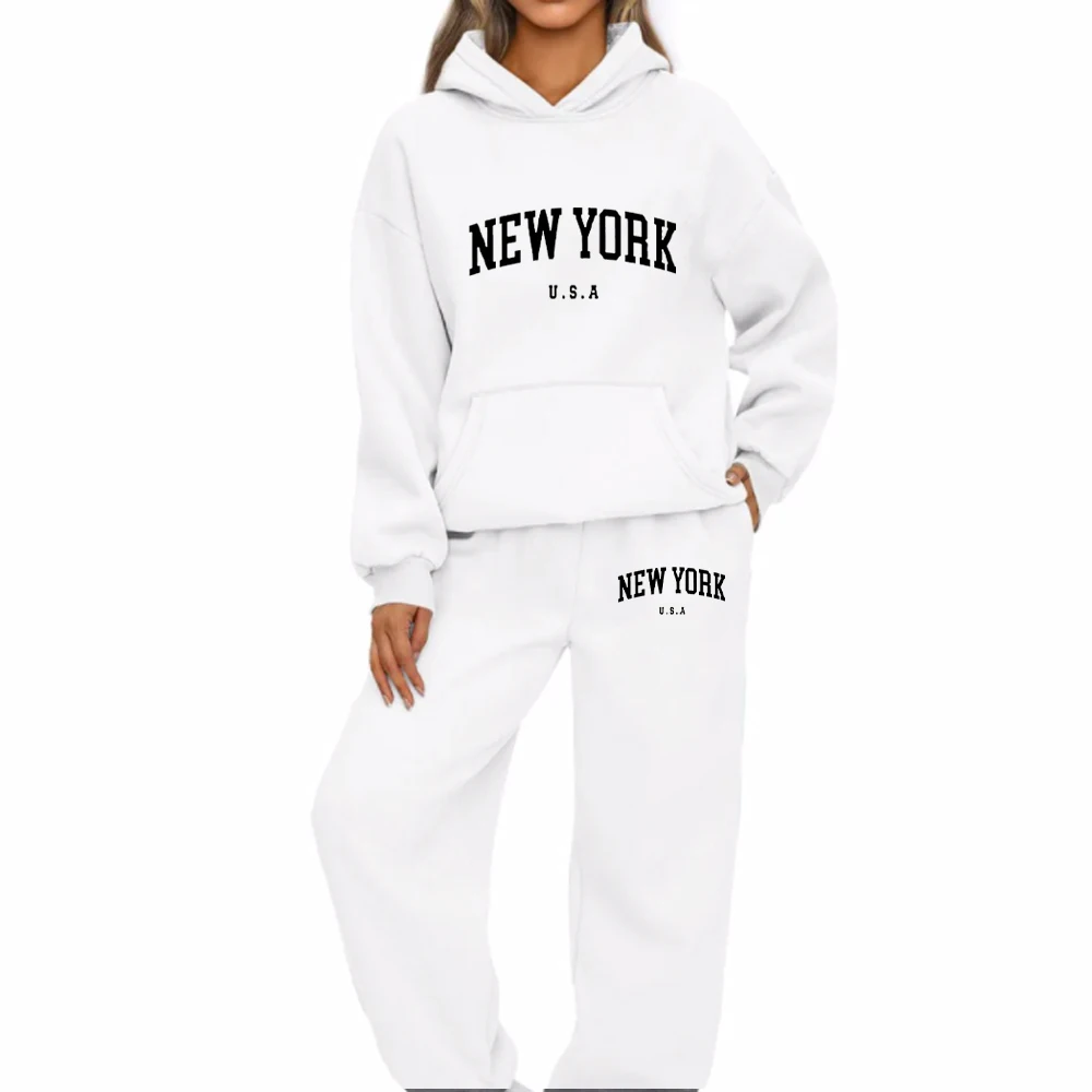 New York U.S.A City Hoodies Set Letter Graphic Print Men Woman Hoodie Set Sweatshirts Harajuku Pullover Unisex Tracksuit Set