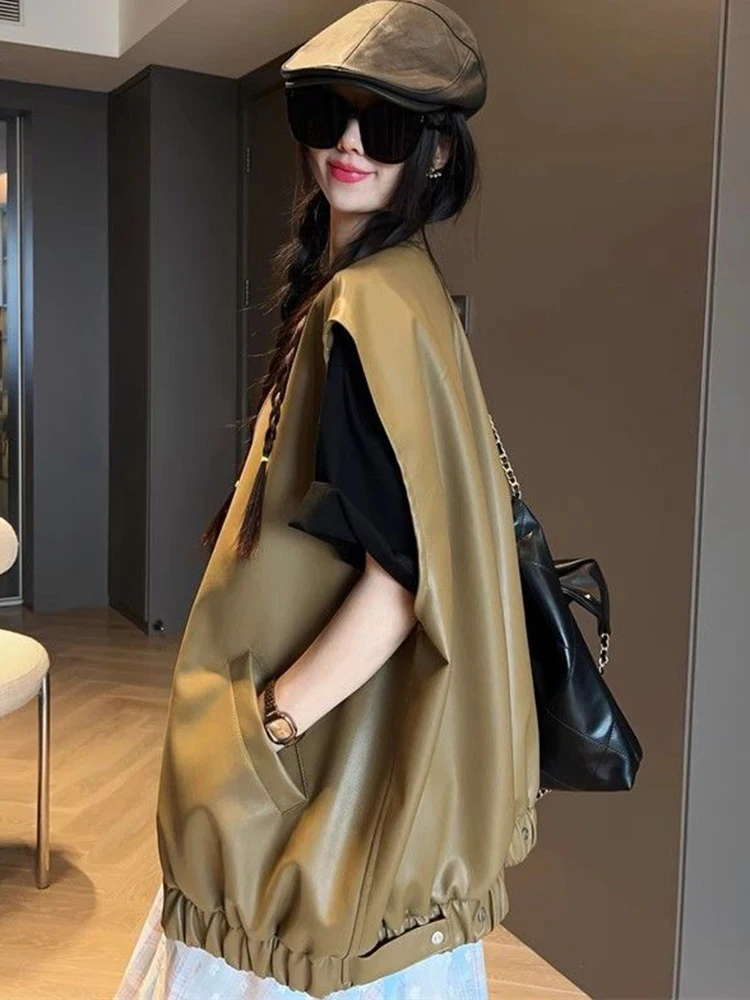 Zoki الشارع الشهير ريترو Y2K Pu سترة المرأة فضفاضة موتو Harajuku فو سترة جلدية معطف الأمريكية خمر الخامس الرقبة جيوب Bf سترة القمم