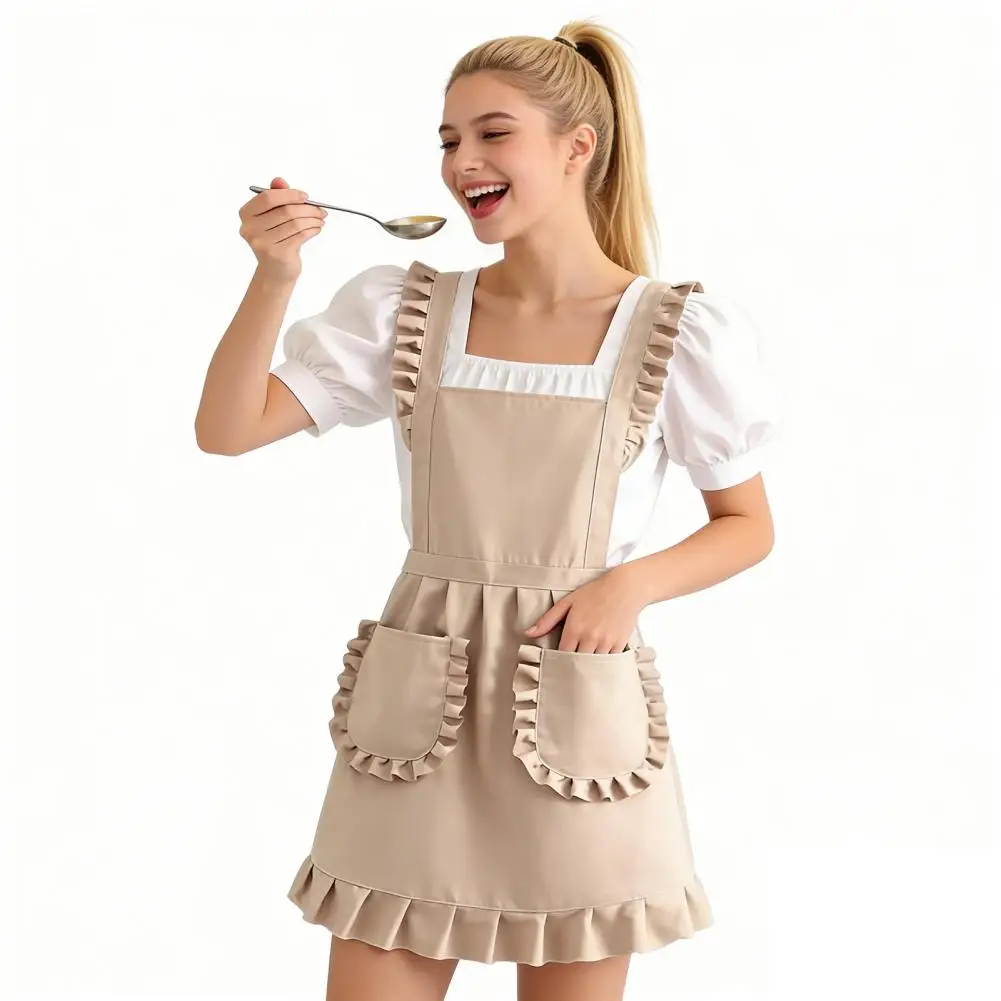 Long Kitchen Apron Cute Edge Apron for Women with Pockets Kitchen Cooking Overalls Waterproof Lace Maid Costume Cosplay Gift