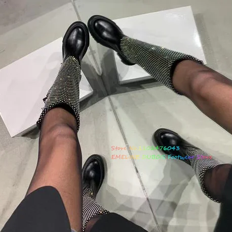 Winter New Brand Women Crystal Long Boots Fashion Round Toe Ladies Elegant Thick Bottom Knee High Boots Party Dress Shoes