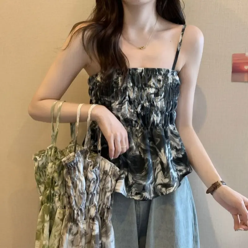 Fashion Tie Dye Sleeveless Camisole Ladies Korean Slim Temperament Pullovers Women\'s Clothing Summer Vintage Printing T-Shirts