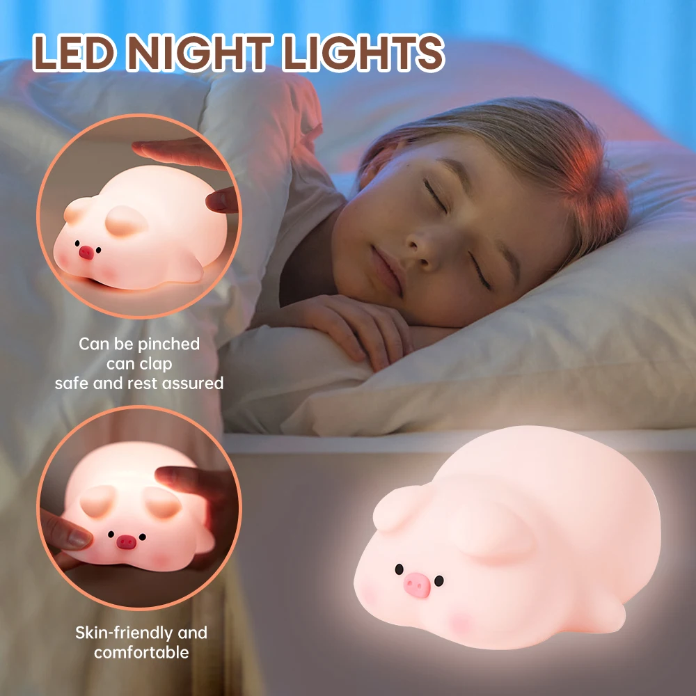 Pink Piglet Night Light Cute Silicone Piglet Light Led Charging Light 3 Level Dimmer Timer Bedside Touch Light Children's Gift