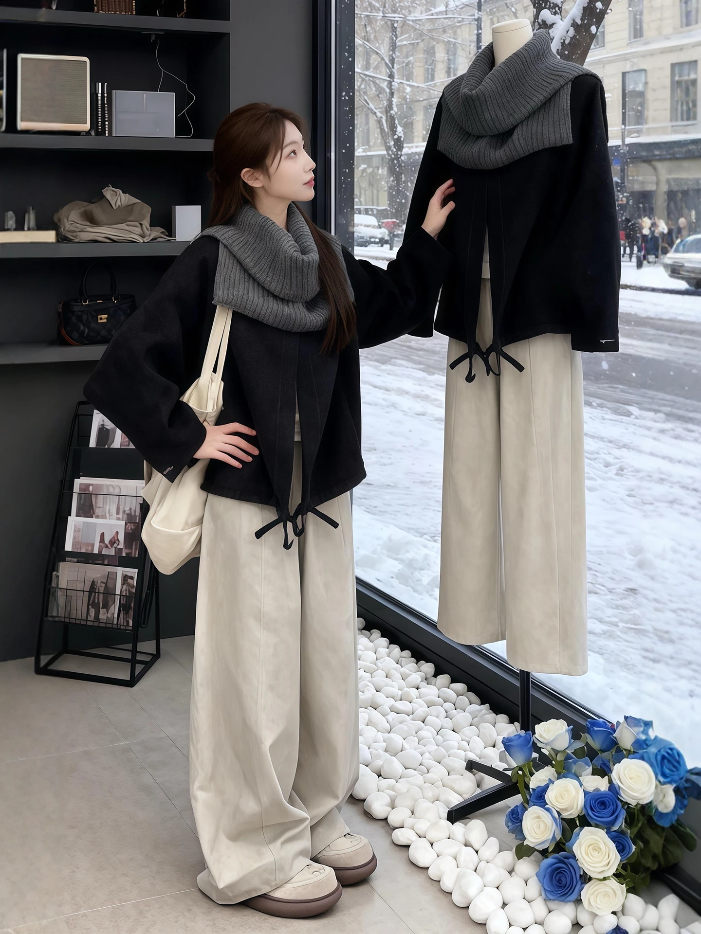 

Faionable Winter Tee-Piece Set Women's Large Size Woolen Coat Wide Leg Pants Scarf Collar Ele Age-Defng Outfit