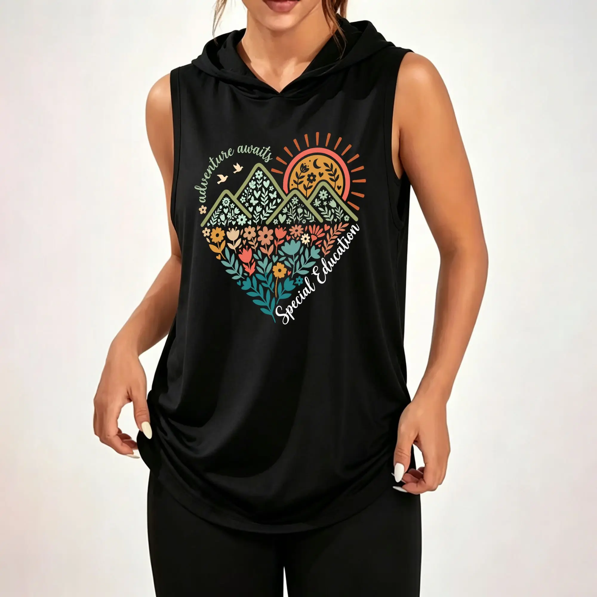 Women's Sleeveless Hoodie, Adventure Awaits Special Education Heart‑Shaped Mountain Floral Sun Print Casual Hooded Tank Top