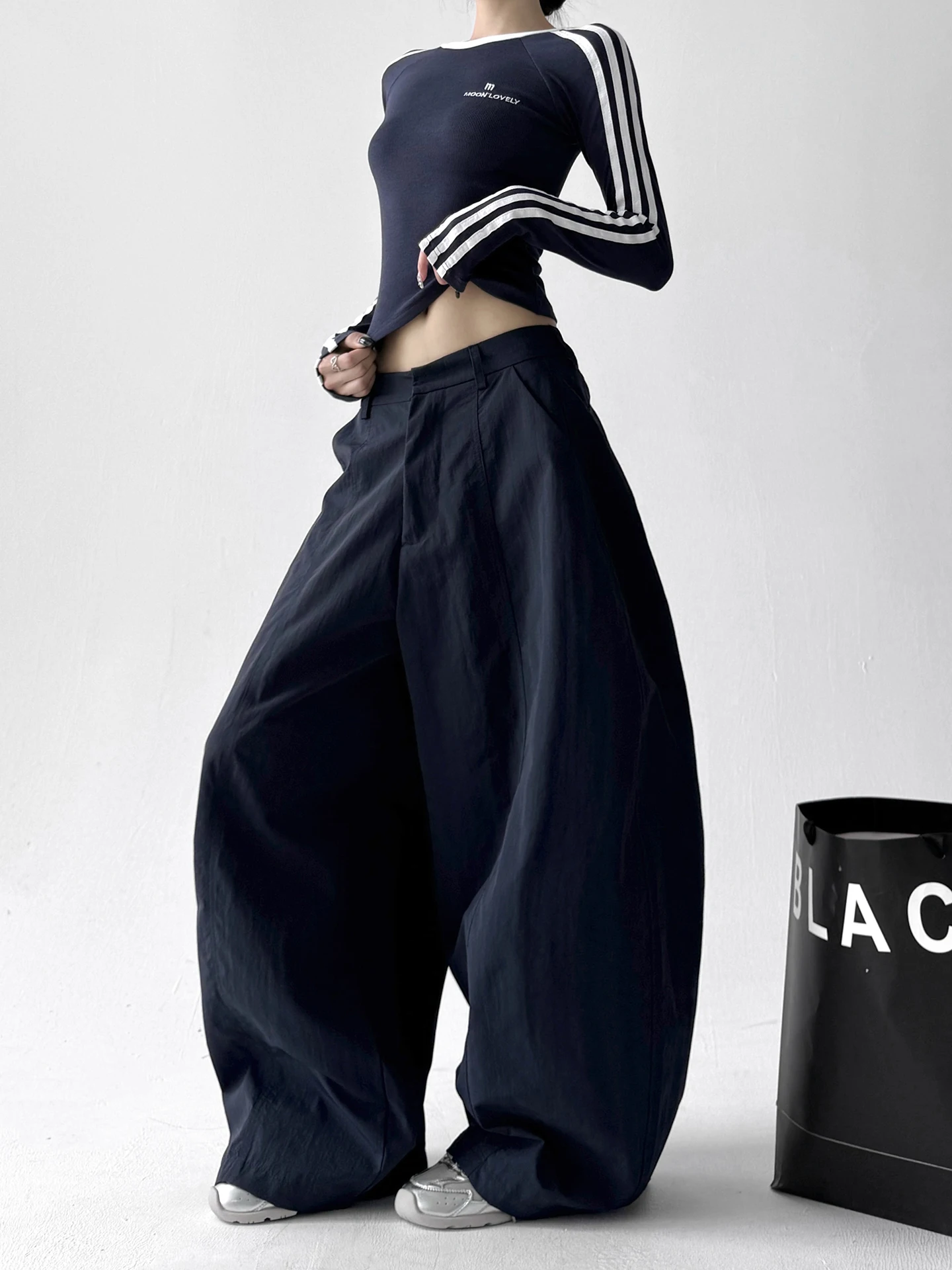 Pantaloni da lavoro casual larghi Pantaloni sportivi casual da ballo a vita alta da donna a gamba dritta larghi in blu royal per l'autunno