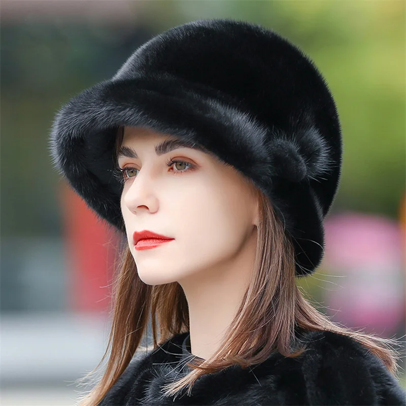 100% Mink Edamame Beanie For Girls Soft Thickened Furry Beret Ladies Hat Elegant Winter Outdoor Windproof Warm Hat