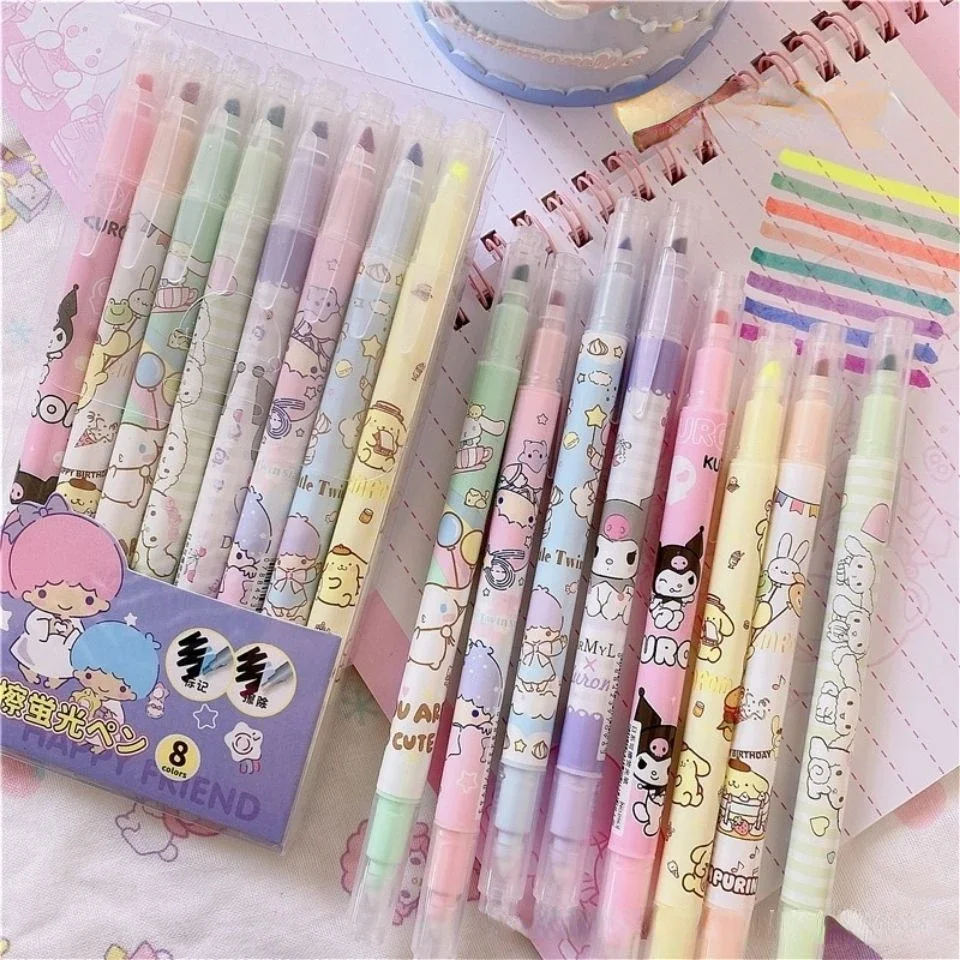 Ins Kawaii Sanrio Kuromi Cinnamoroll My Melody Double-headed Erasable Highlighter Student Marker Pen Anime Highlighter