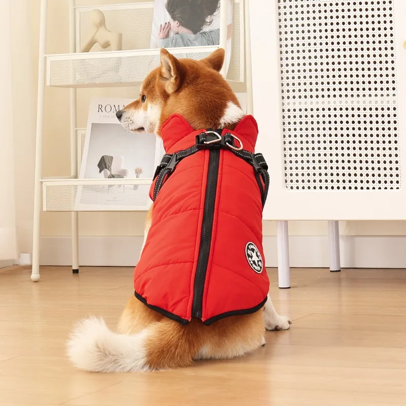 Red Pet Clothes Winter and Autumn Warm Dog Cotton Coat with Added Padding and Thickened Reflective Straps Leisure Pet Supplies