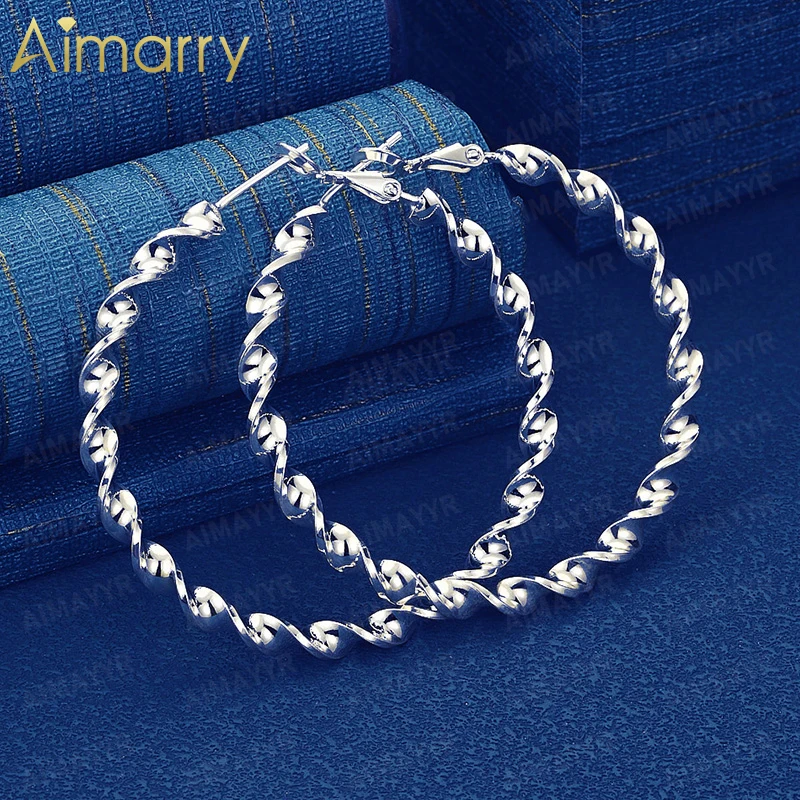 925 Sterling Silver 50mm Twisted Wave Large Circle Earrings for Women's Parties and Banquets High-quality Fashion Jewelry