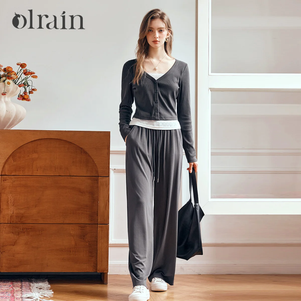OLrain Women's Casual Pant Sets Casual 2026 Autumn Casual  Fashion 2 in 1 T-shirt Wide Leg Long Pants Two-piece Set M56QE93591