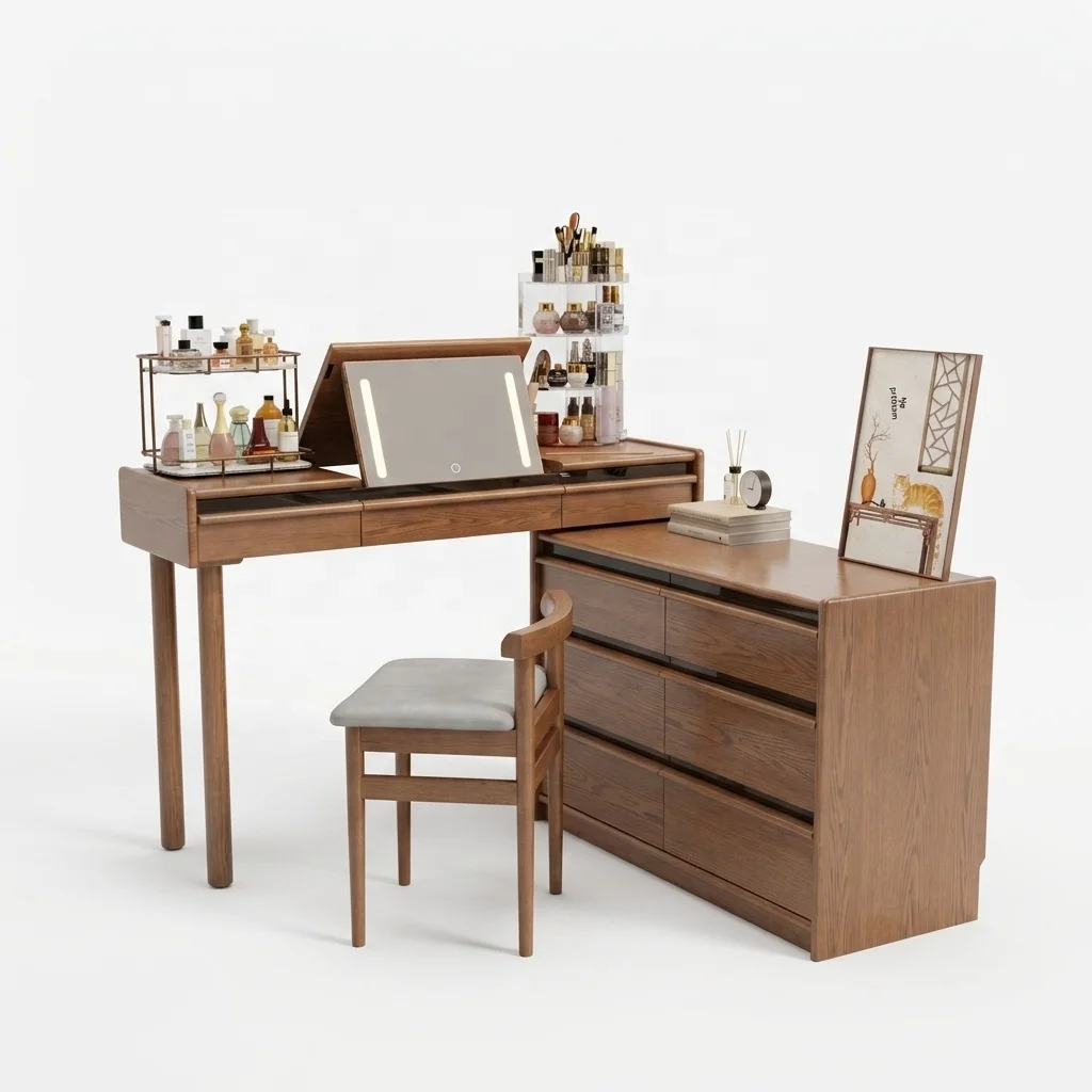 #Solid Wood DresserChest Combo Bedroom Corner Storage Cabinet Modern Minimalist Bedside Makeup Desk Makeup Mirror SZT040